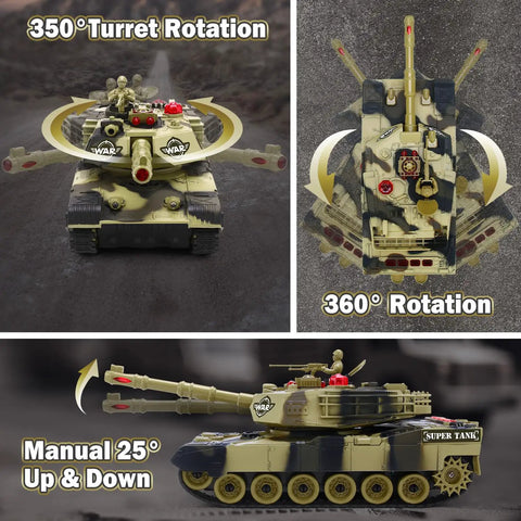 Front, top, and side view of 1:28 Scale RC Battle Tank for Kids 6 to 12 Kid Friendly with 2.4GHz Remote, 360-degree rotation features