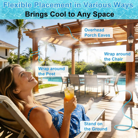 Outdoor Patio Mister Stand With Quick Install Hose Sprayer For Cooling Up To 20 Degrees Portable Water Mister Attachment In Use
