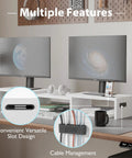 Dual Monitor Stand With Smartphone Holder For Your Setup Adjustable Length From 31 Point 5 To 42 Point 5 Inches Swivel Angle Ergonomic Wooden Desk Organizer For PC Monitor Laptop And Printer White, shown with monitors, keyboard, and cable management.