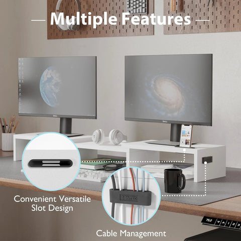 Dual Monitor Stand With Smartphone Holder For Your Setup Adjustable Length From 31 Point 5 To 42 Point 5 Inches Swivel Angle Ergonomic Wooden Desk Organizer For PC Monitor Laptop And Printer White, shown with monitors, keyboard, and cable management.