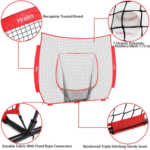 7x7 Baseball And Softball Replacement Net Nets Only No Frame Heavy Duty 7 Strand Knotless Polyester For Pitching Hitting And Throwing Practice Fits Bowed Frames Easy To Install, shown with details of durable construction and polyester strands.