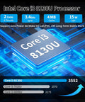Intel Core i3 8130U Processor showcased on a circuit board, highlighting features like 2 cores, 3.4GHz speed, and 4MB cache.