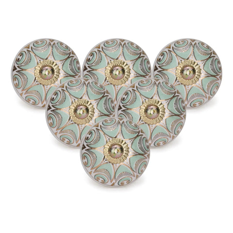 Killer Vintage Ceramic Dresser Knobs Pack Of 6 Assorted Green Drawer Pulls With Hand Painted Floral Designs And Gold Accents For Kitchen Cabinets Bedroom Decor Vibes, ceramic knobs with floral patterns.