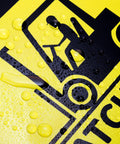 Close-up of 3 Pack Watch For Forklift Traffic Safety Signs 10x14 Aluminum, Caution Yellow Black Signs with water droplets