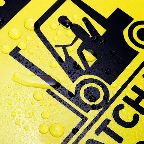 Close-up of 3 Pack Watch For Forklift Traffic Safety Signs 10x14 Aluminum, Caution Yellow Black Signs with water droplets