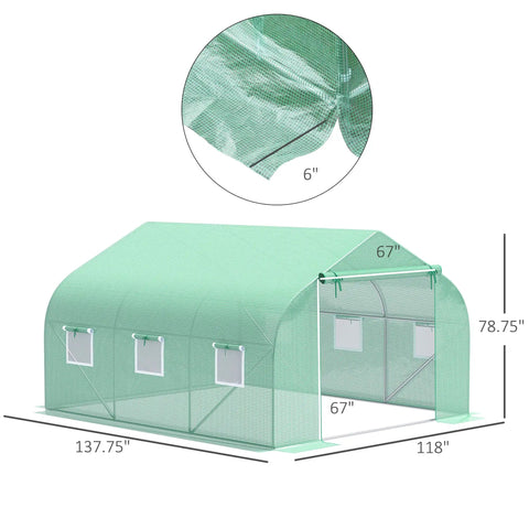 Walk In Outdoor Greenhouse Tent With Roll Up Windows And Zippered Door, Heavy Duty Steel Frame, PE Cover, 11.5 Ft By 10 Ft By 6.5 Ft, Green Tunnel Greenhouse For Easy Season Extension, Plant Protection And Ventilation
