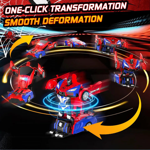 One Button Transform RC Car That Switches To Rad Robotic Mode Two Point Four Ghz Remote 360 Degree Spin And Drift Police Car With Lights One Eighteen Scale Transform Toy For Boys And Girls Ages Six To Twelve shown transforming from car to robot in circular motion