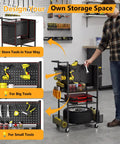 Heavy Duty Four Tier Metal Rolling Tool Cart With Pegboard And Storage Baskets For Garage And Shop Use Mobile Tool Organizer Keeps Tools And Parts In Reach For DIY Projects, shown in a garage setting, with tools organized on pegboard and baskets.