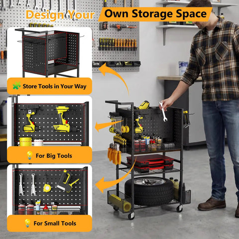 Heavy Duty Four Tier Metal Rolling Tool Cart With Pegboard And Storage Baskets For Garage And Shop Use Mobile Tool Organizer Keeps Tools And Parts In Reach For DIY Projects, shown in a garage setting, with tools organized on pegboard and baskets.