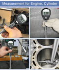HDLNKAK digital bore gauge with LCD display; 2–6 in range for engine bore; front, side, close-up, installed views.