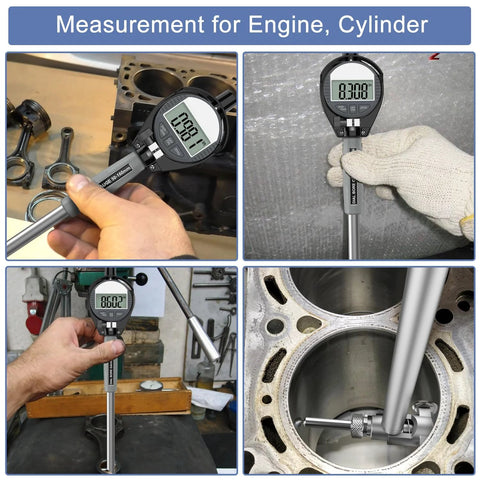 HDLNKAK digital bore gauge with LCD display; 2–6 in range for engine bore; front, side, close-up, installed views.