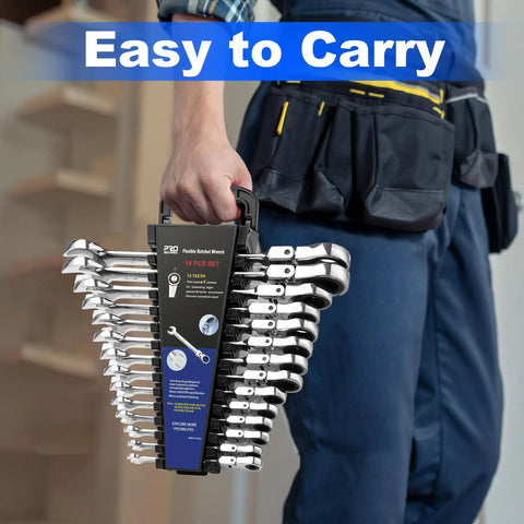 Person carrying Flex Head Ratcheting Wrench Set 14 Piece SAE Wrenches In Inch Sizes From One Quarter To Seven Eighths Inch With Rack