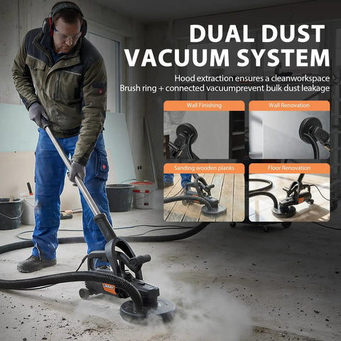 Worker using 7 Inch Concrete Grinder Set With Extendable Rod, 3800W Floor Polisher With Dust Extraction Shroud in workshop