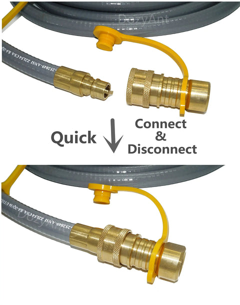 12 Foot Three Eighths Inch ID Natural Gas Hose With Quick Connect Low Pressure LPG Hose For Weber Grills Char Broil Pizza Ovens Patio Heaters And More Three Eighths Inch Female To Three Eighths Inch Male Flare Quick Disconnect showing quick-connect fittings and brass connectors