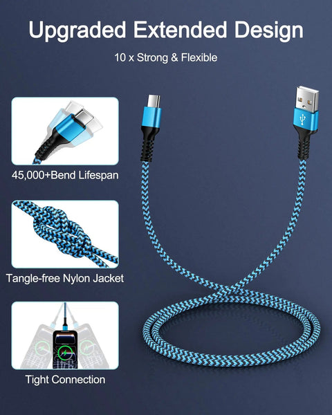 Blue braided Two Pack CarPlay USB A To USB C Fast Charging Cable For iPhone 15 Through 17 Series And iPad 3ft, flexible design