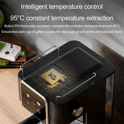 Pro Grade Semi Automatic Espresso Machine With Slick Touchscreen and Large Tank to Brew at Home, showing PID temperature control features.