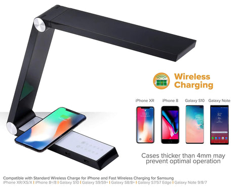 Dimmable Black Desk Lamp With Wireless Charging Pad And Dual USB Ports, Triangle Shape Task Light with phones on charging pad