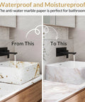 Comparison showing sink with and without Marble Contact Paper Peel And Stick Countertop Wallpaper 23.6 X 78.7 Inches Waterproof Self Adhesive.