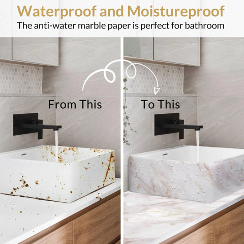 Comparison showing sink with and without Marble Contact Paper Peel And Stick Countertop Wallpaper 23.6 X 78.7 Inches Waterproof Self Adhesive.