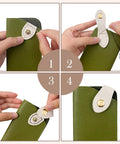 Colorful 15 Piece Leather Snap Buckles Set For Purses And Bags, Sew On Button Closures being installed on green fabric.