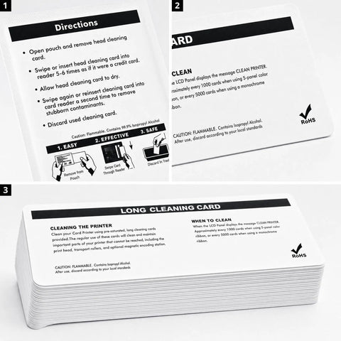 Premium Card Printer Cleaning Kit Features 25 Long And Short Thermal Sleeves with directions for cleaning printer heads.
