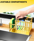 Gold Stainless Steel Kitchen Sink Caddy Organizer With Auto Drain Sponge Holder And Brush Stand Rustproof Countertop Soap Dispenser Rack in use with adjustable compartments.