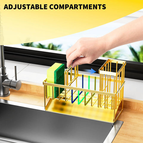 Gold Stainless Steel Kitchen Sink Caddy Organizer With Auto Drain Sponge Holder And Brush Stand Rustproof Countertop Soap Dispenser Rack in use with adjustable compartments.