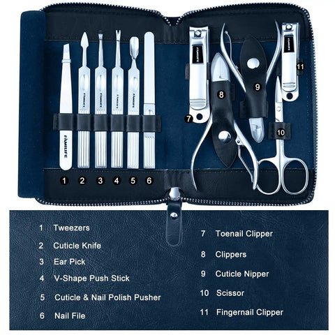 11 Piece Manicure Set For Men With Stainless Steel Nail Clippers And Pedicure Tools In A Portable Blue Leather Travel Case