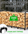 8Ft Heavy Duty Firewood Rack With Cover For Indoor And Outdoor Use holding 3500 lbs of wood, chain anti-tipping feature