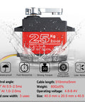 Image of a 25Kg High Torque RC Servo Motor with metal gear, waterproof, for 1/8 and 1/10 scale RC cars, featuring 180° steering.