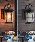 Matte Black Outdoor Wall Light Fixture For Patio And Front Porch Built To Last, shown in on and off states on wooden wall