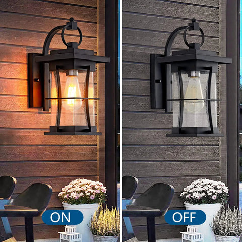 Matte Black Outdoor Wall Light Fixture For Patio And Front Porch Built To Last, shown in on and off states on wooden wall