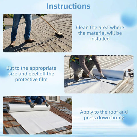 Instructions for Bulletproof Self Adhesive Rubber Roofing Membrane Roll 39 By 16 Point 4 Feet installation process on a roof.