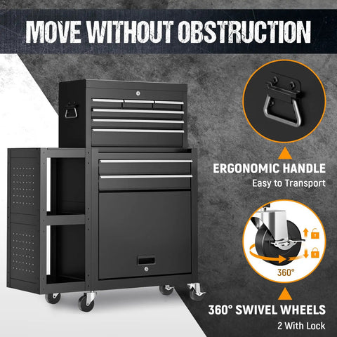 Beefy Eight Drawer Rolling Tool Chest On Wheels Three In One Top Toolbox And Bottom Cabinet With Lockable Steel Frame Extra Cabinet For Garage Workshop And Repair Shop Black 2026, black steel with side handle and swivel wheels