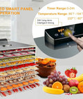 Heavy Duty Digital Food Dehydrator With Fifteen Roomy Trays For No Sweat Drying Of Herbs Berries Carrots And Custom Pet Jerky 1000 Watt Rock Solid Shop Grade Machine 110V with LED panel and food items.