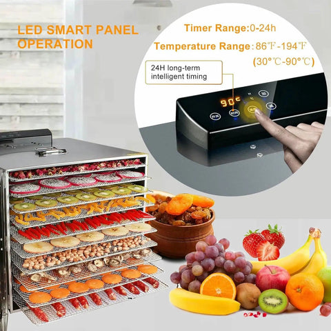 Heavy Duty Digital Food Dehydrator With Fifteen Roomy Trays For No Sweat Drying Of Herbs Berries Carrots And Custom Pet Jerky 1000 Watt Rock Solid Shop Grade Machine 110V with LED panel and food items.
