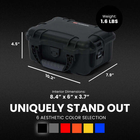 Freakishly Durable IP67 Waterproof Hard Shell Case Built For Tough Travel Days, 10.2" x 7.9" x 4.5", sleek matte black finish.