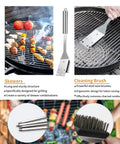 11 Piece Stainless Steel BBQ Tool Set With Storage Bag For Outdoor Grilling Camping And Backyard Use Dad Gifts For Fathers Day Includes Tongs Spatula Fork Knife Skewers Brush And Grill Cleaning Brush displayed on a grill