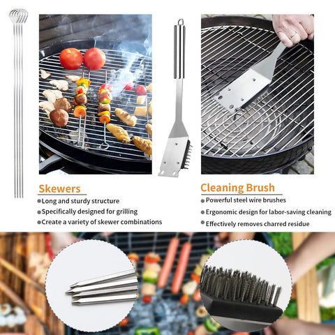 11 Piece Stainless Steel BBQ Tool Set With Storage Bag For Outdoor Grilling Camping And Backyard Use Dad Gifts For Fathers Day Includes Tongs Spatula Fork Knife Skewers Brush And Grill Cleaning Brush displayed on a grill