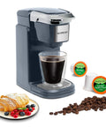 Image of a One Touch Single Cup Coffee Brewer With Quick Brew, 12 Oz Grey Coffee Maker, compatible with K Cups and ground coffee.