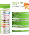 Go-To 8-In-1 Aquarium Test Kit For Fish Tanks With Quick And Accurate Water Testing Strips For Freshwater Tanks And Ponds Tests PH Ammonia Alkalinity Hardness Chlorine Nitrate Nitrite And More bottle with 50 strips
