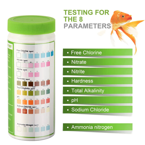 Go-To 8-In-1 Aquarium Test Kit For Fish Tanks With Quick And Accurate Water Testing Strips For Freshwater Tanks And Ponds Tests PH Ammonia Alkalinity Hardness Chlorine Nitrate Nitrite And More bottle with 50 strips