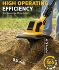 Cordless Tiller With 48 Steel Tines, 9 Inch Tilling Width And 6.7 Inch Depth in action on soil with efficiency text