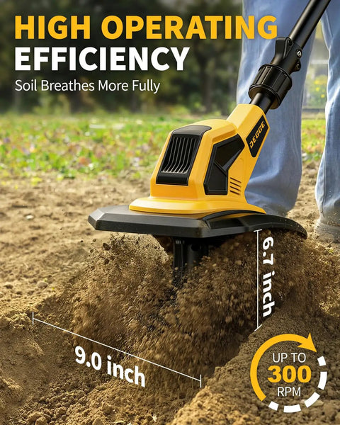 Cordless Tiller With 48 Steel Tines, 9 Inch Tilling Width And 6.7 Inch Depth in action on soil with efficiency text