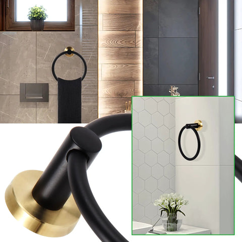 Close-up of towel ring from 7-Piece Bathroom Hardware Set In 304 Stainless Steel With Black Gold Finish in bathroom setting.
