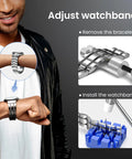 Person adjusting watchband using Comprehensive Pro Grade Watch Repair Kit For Battery Replacement And Link Removal Resizing Opening Case Back Remover Spring Bar Tool Screwdrivers Gasket Replacement And Cleaning With Strap Adjustment Tools shown in steps