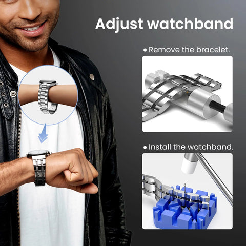 Person adjusting watchband using Comprehensive Pro Grade Watch Repair Kit For Battery Replacement And Link Removal Resizing Opening Case Back Remover Spring Bar Tool Screwdrivers Gasket Replacement And Cleaning With Strap Adjustment Tools shown in steps
