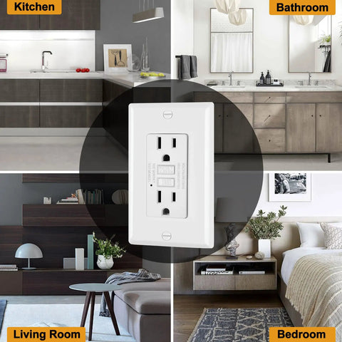 Straight Up Rock Solid 5 Pack 15 Amp Gfci Outlets For Indoor Wall Wiring Etl Approved White Non Tamper Resistant Gfi Receptacles With Bright Green Indicator And Dead Simple Reset Switch in kitchen, bathroom, living room, and bedroom settings.