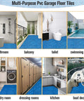 12 Piece Interlocking Drainage Mat Tiles For Garage, Deck, Pool And Outdoor Indoor Floors, Cushioned Non Slip PVC Floor Tiles 11.8 Inch Square Blue Durable Grippy All Weather Easy Clean installed in various spaces like bathroom, balcony, and poolside.