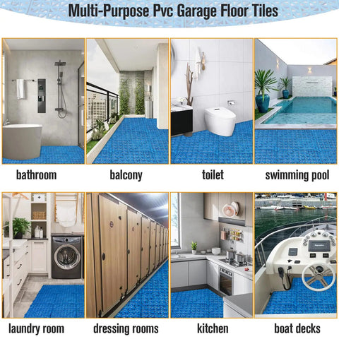 12 Piece Interlocking Drainage Mat Tiles For Garage, Deck, Pool And Outdoor Indoor Floors, Cushioned Non Slip PVC Floor Tiles 11.8 Inch Square Blue Durable Grippy All Weather Easy Clean installed in various spaces like bathroom, balcony, and poolside.